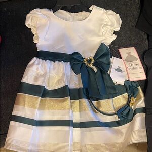 Rare Editions White and Gold Formal Dress with Green Accents